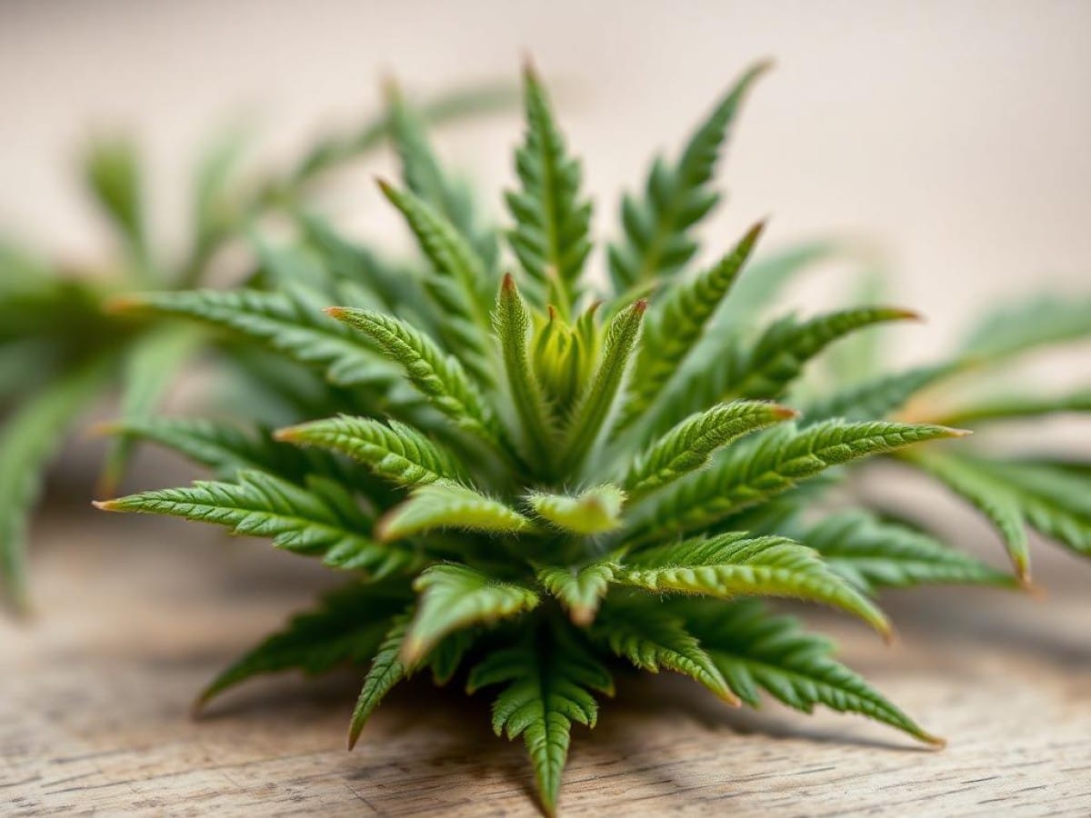 Une main avec un gant touchant une plante de cannabis