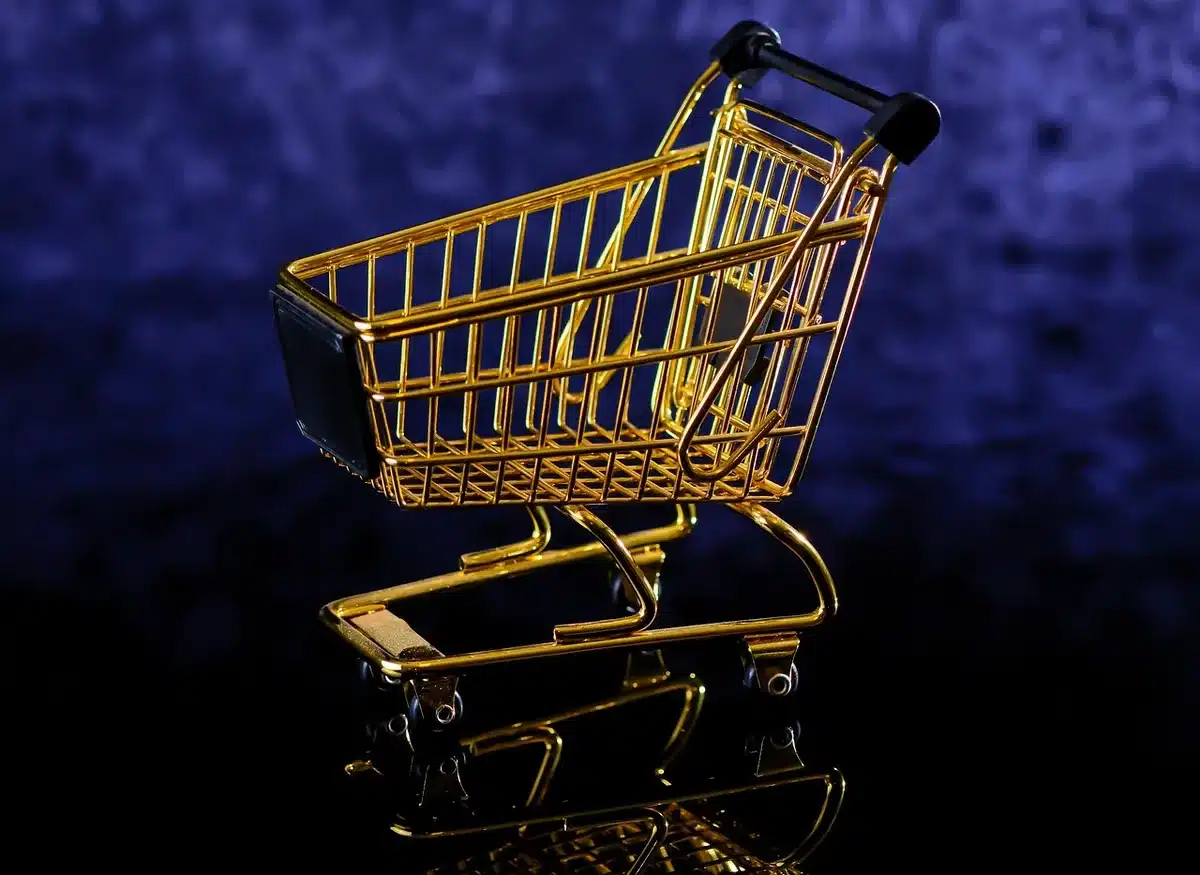 Client poussant un chariot dans une allée de supermarché en plein jour